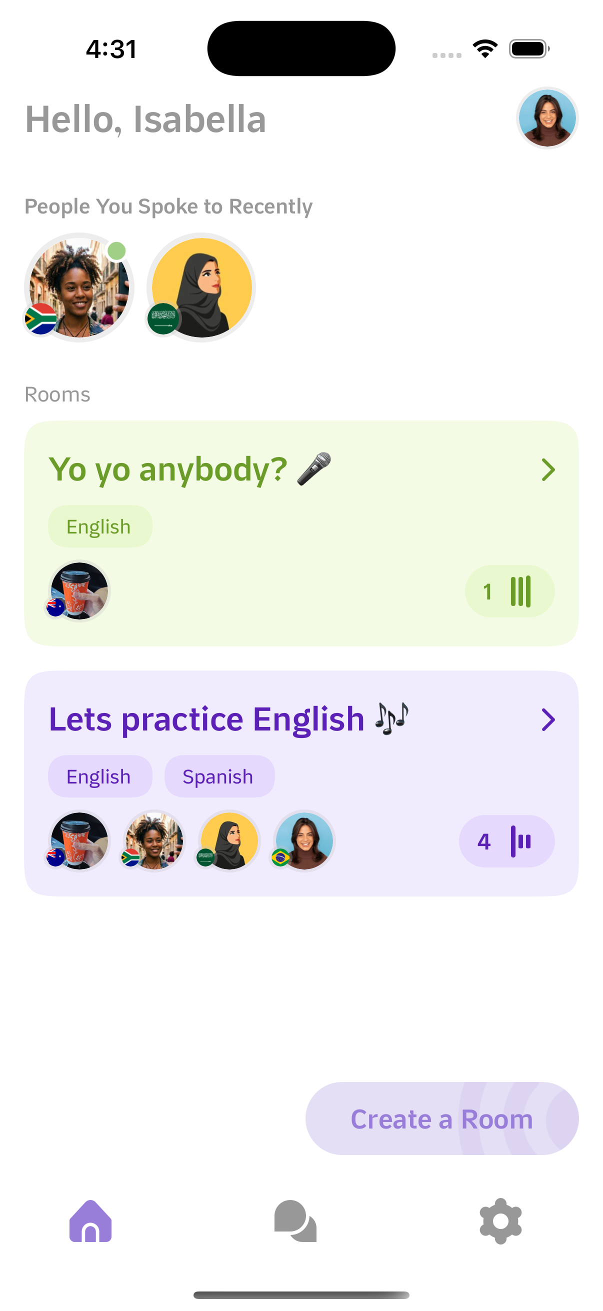 Zera app home screen showing voice rooms and language partners