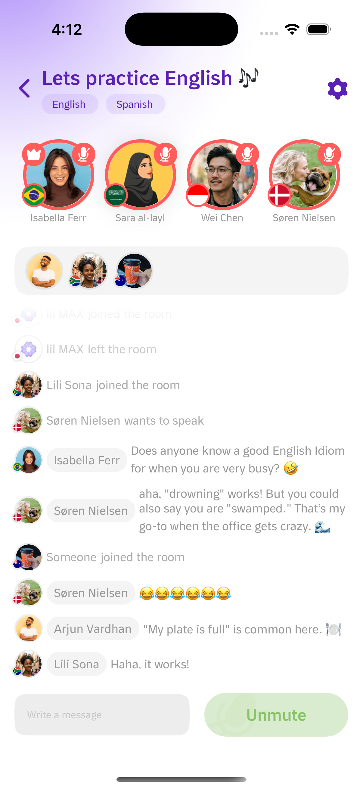 Zera live voice room screen with native speakers